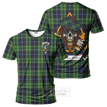 McKellar Tartan T-Shirt with Family Crest and Bearded Skull Holding Bottles of Whiskey Kid's Shirt - Tartan Vibes Clothing