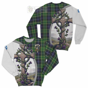 McKellar Tartan Sweatshirt with Family Crest and St. Andrew's Cross Accented by Thistle Vines Unisex - Tartan Vibes Clothing