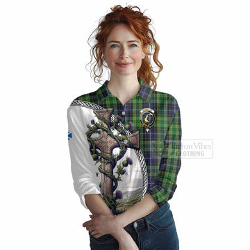 McKellar Tartan Women's Casual Shirt with Family Crest and St. Andrew's Cross Accented by Thistle Vines Female - Tartan Vibes Clothing