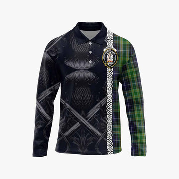 McKellar Tartan Long Sleeve Polo Shirt with Family Crest Cross Sword Thistle Celtic Vibes Unisex - Tartan Vibes Clothing