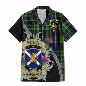 McKellar Tartan Family Crest Short Sleeve Button Shirt Lion Rampant Royal Thistle Shield Celtic Inspired