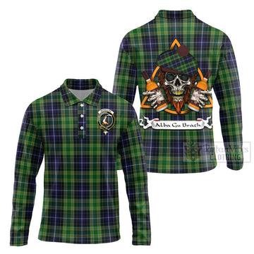 McKellar Tartan Long Sleeve Polo Shirt with Family Crest and Bearded Skull Holding Bottles of Whiskey Unisex - Tartan Vibes Clothing