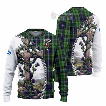 McKellar Tartan Knitted Sweater with Family Crest and St. Andrew's Cross Accented by Thistle Vines Unisex - Tartan Vibes Clothing