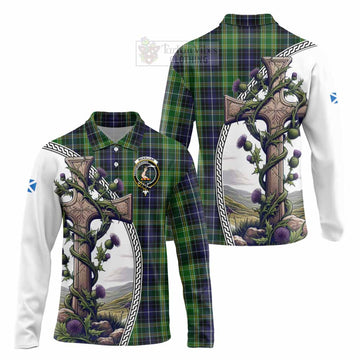 McKellar Tartan Long Sleeve Polo Shirt with Family Crest and St. Andrew's Cross Accented by Thistle Vines Unisex - Tartan Vibes Clothing