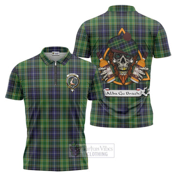 McKellar Tartan Zipper Polo Shirt with Family Crest and Bearded Skull Holding Bottles of Whiskey Unisex - Tartan Vibes Clothing