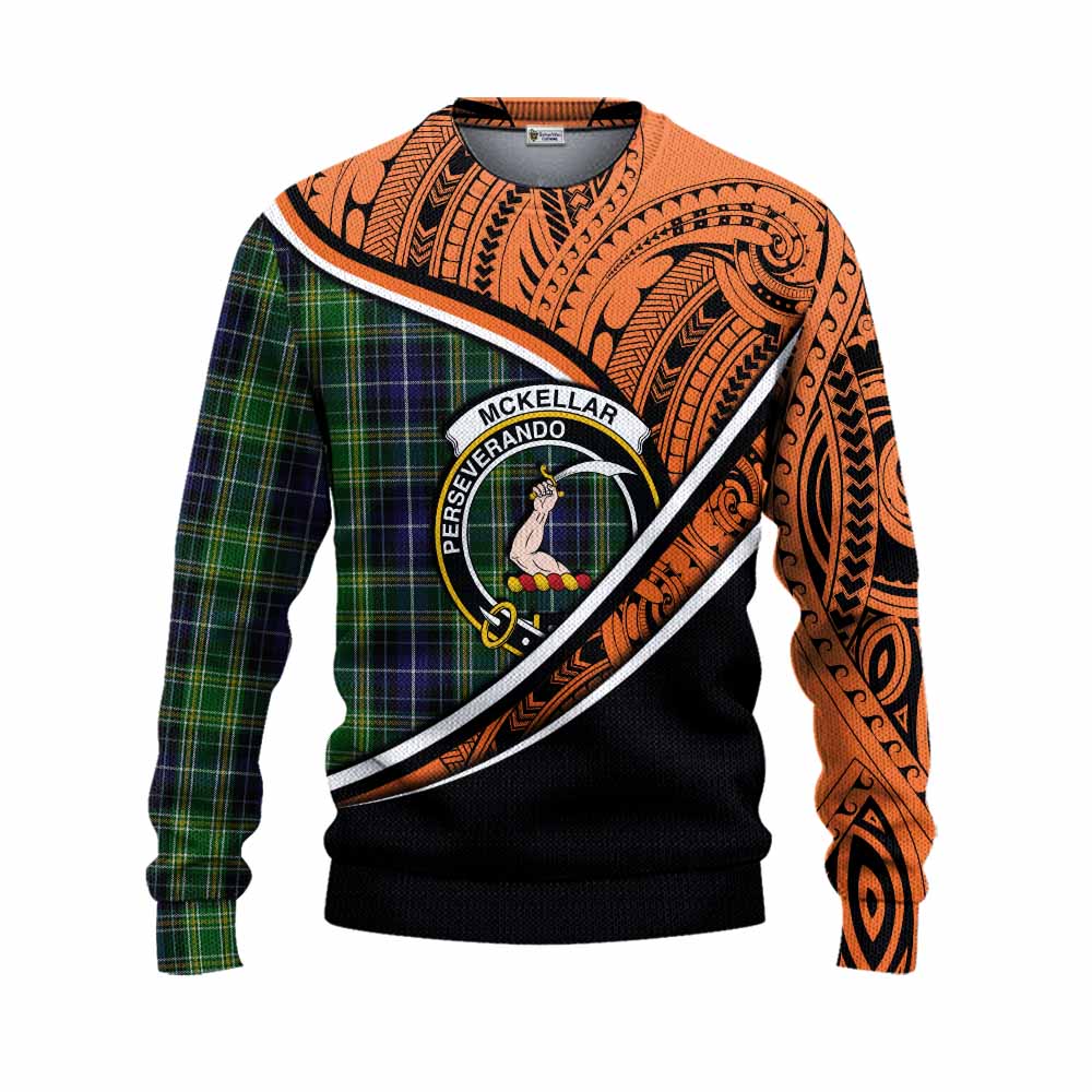 Tartan Vibes Clothing McKellar Crest Tartan Knitted Sweater with Maori Tattoo Style - Orange Version