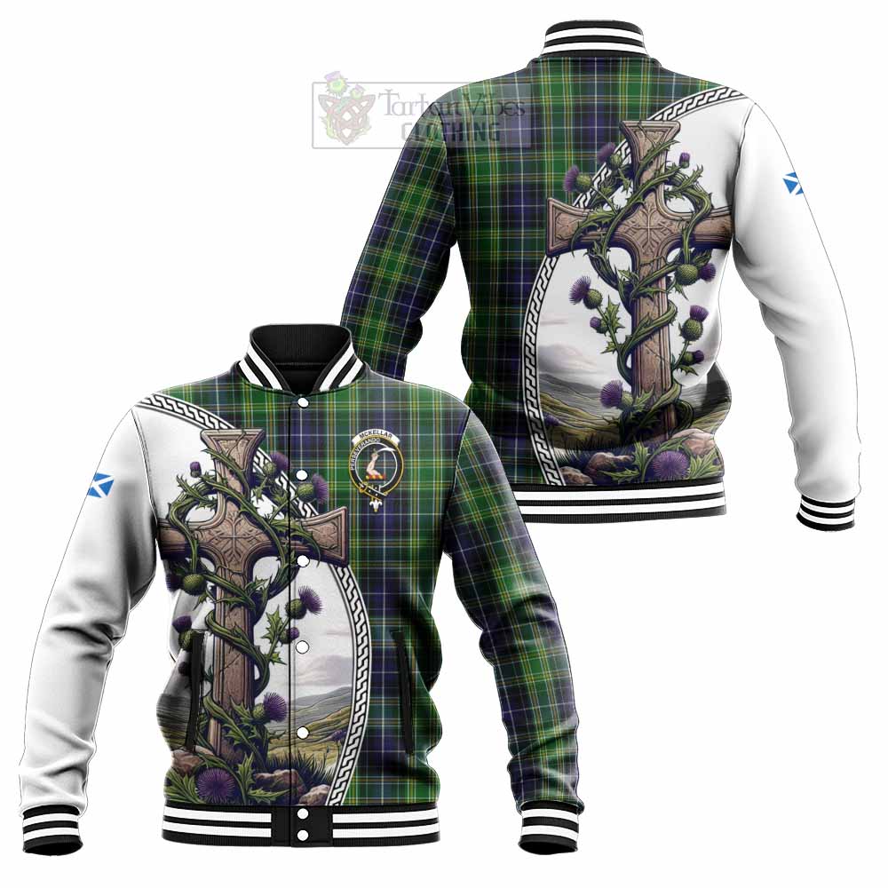 McKellar Tartan Baseball Jacket with Family Crest and St. Andrew's Cross Accented by Thistle Vines Unisex - Tartan Vibes Clothing