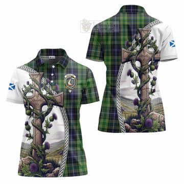 McKellar Tartan Women's Polo Shirt with Family Crest and St. Andrew's Cross Accented by Thistle Vines Women - Tartan Vibes Clothing