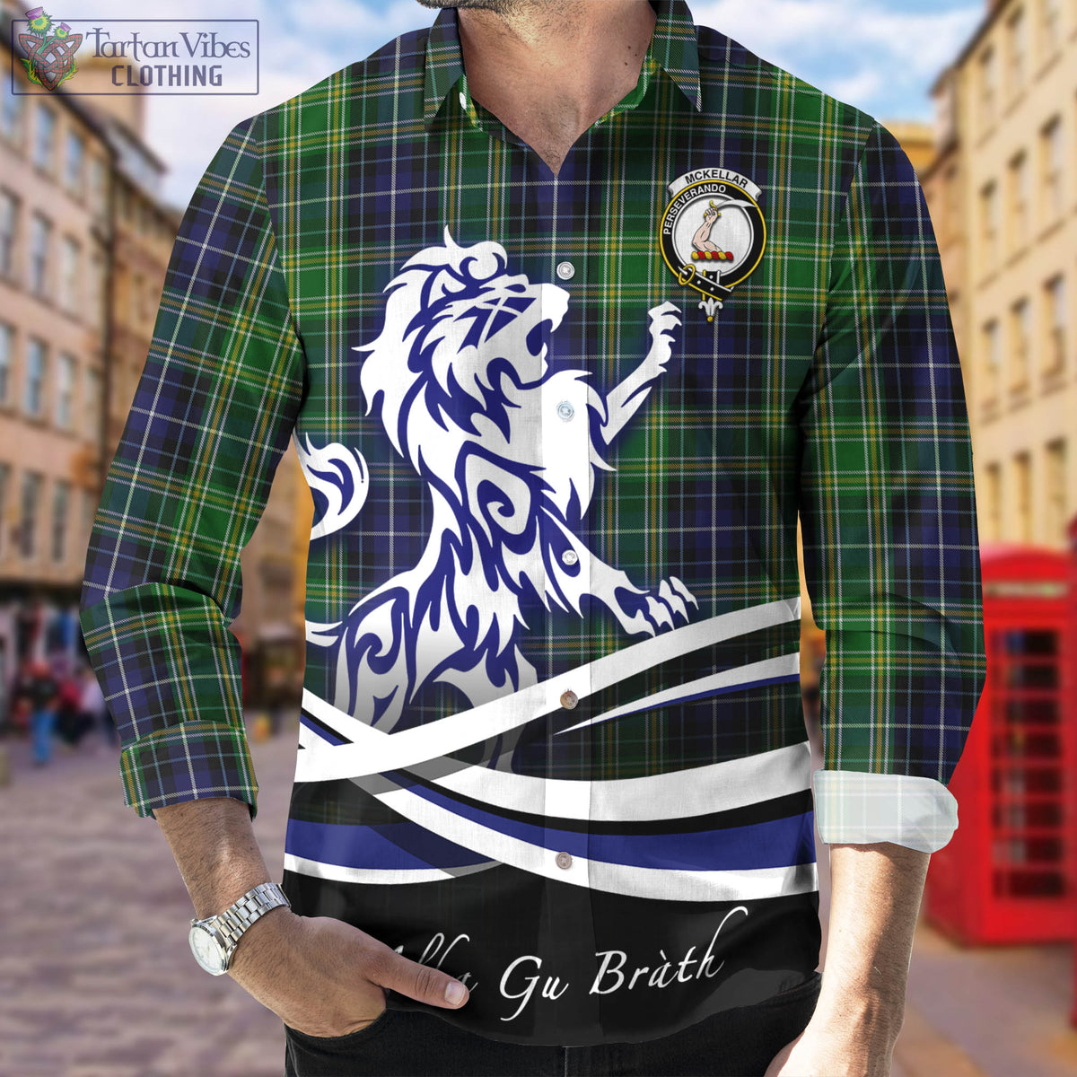 McKellar Tartan Long Sleeve Button Up Shirt with Alba Gu Brath Regal Lion Emblem Men's Shirt - Tartan Vibes Clothing