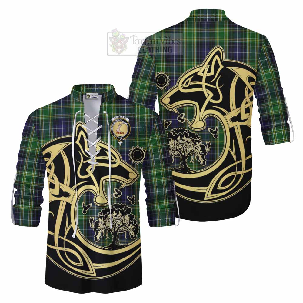 McKellar Tartan Ghillie Kilt Shirt with Family Crest Celtic Wolf Style Men - Tartan Vibes Clothing