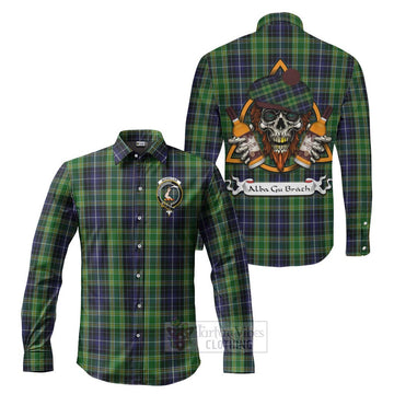 McKellar Tartan Long Sleeve Button Shirt with Family Crest and Bearded Skull Holding Bottles of Whiskey Men's Shirt S - Tartan Vibes Clothing
