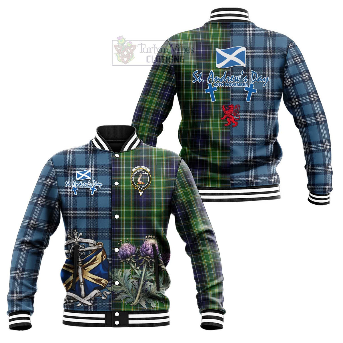 McKellar Tartan Baseball Jacket Happy St. Andrew's Day Half Tartan Style Unisex - Tartan Vibes Clothing