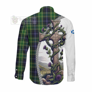 McKellar Tartan Long Sleeve Button Shirt with Family Crest and St. Andrew's Cross Accented by Thistle Vines Men's Shirt - Tartan Vibes Clothing
