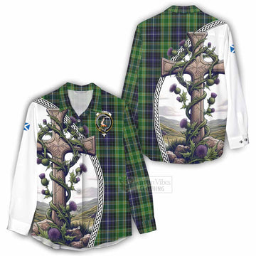 McKellar Tartan Women's Casual Shirt with Family Crest and St. Andrew's Cross Accented by Thistle Vines - Tartan Vibes Clothing