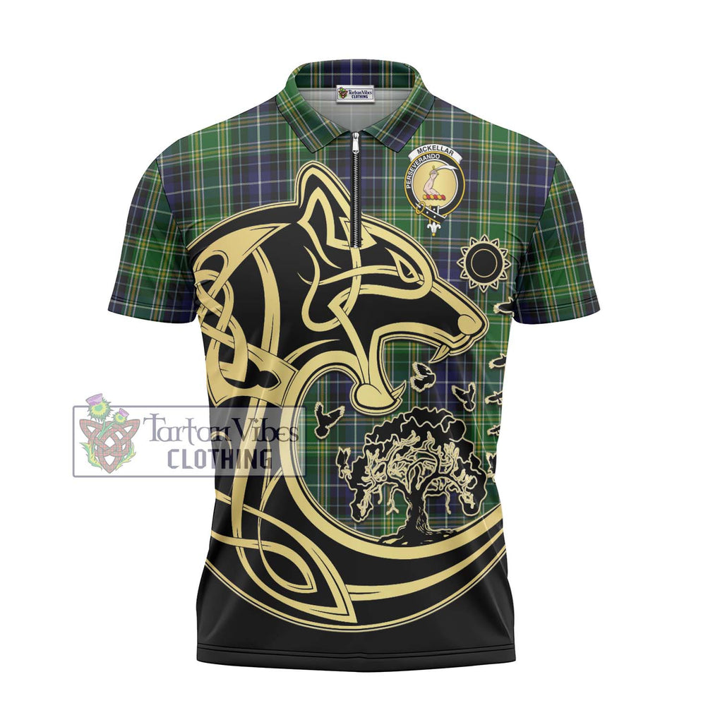 McKellar Tartan Zipper Polo Shirt with Family Crest Celtic Wolf Style - Tartan Vibes Clothing