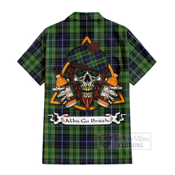 McKellar Tartan Hawaiian Shirt with Family Crest and Bearded Skull Holding Bottles of Whiskey - Tartan Vibes Clothing