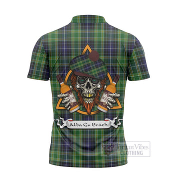 McKellar Tartan Zipper Polo Shirt with Family Crest and Bearded Skull Holding Bottles of Whiskey - Tartan Vibes Clothing