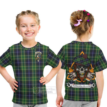 McKellar Tartan Kid T-Shirt with Family Crest and Bearded Skull Holding Bottles of Whiskey - Tartan Vibes Clothing