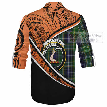 McKellar Crest Tartan Ghillie Kilt Shirt with Polynesian Vibes Style - Orange Version