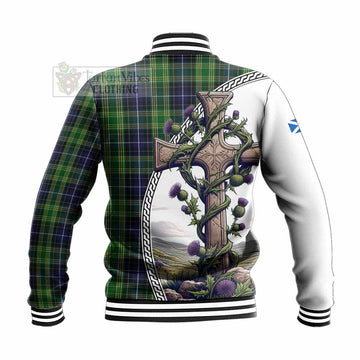 McKellar Tartan Baseball Jacket with Family Crest and St. Andrew's Cross Accented by Thistle Vines - Tartan Vibes Clothing