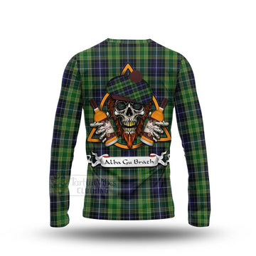 McKellar Tartan Long Sleeve T-Shirt with Family Crest and Bearded Skull Holding Bottles of Whiskey - Tartan Vibes Clothing