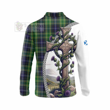 McKellar Tartan Long Sleeve Polo Shirt with Family Crest and St. Andrew's Cross Accented by Thistle Vines - Tartan Vibes Clothing