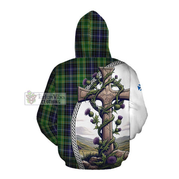 McKellar Tartan Cotton Hoodie with Family Crest and St. Andrew's Cross Accented by Thistle Vines Pullover Hoodie - Tartan Vibes Clothing