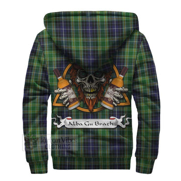 McKellar Tartan Sherpa Hoodie with Family Crest and Bearded Skull Holding Bottles of Whiskey - Tartan Vibes Clothing
