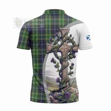 McKellar Tartan Zipper Polo Shirt with Family Crest and St. Andrew's Cross Accented by Thistle Vines - Tartan Vibes Clothing