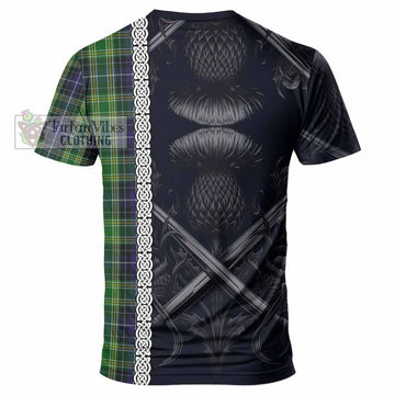 McKellar Tartan T-Shirt with Family Crest Cross Sword Thistle Celtic Vibes - Tartan Vibes Clothing