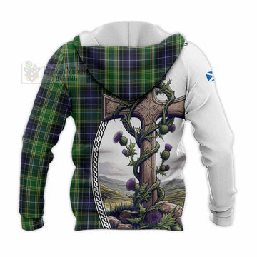 McKellar Tartan Knitted Hoodie with Family Crest and St. Andrew's Cross Accented by Thistle Vines - Tartan Vibes Clothing
