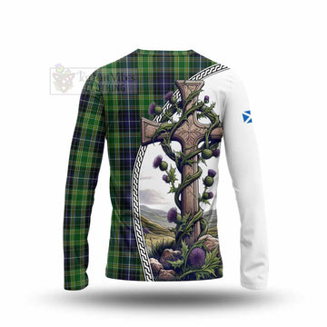 McKellar Tartan Long Sleeve T-Shirt with Family Crest and St. Andrew's Cross Accented by Thistle Vines - Tartan Vibes Clothing