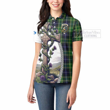 McKellar Tartan Women's Polo Shirt with Family Crest and St. Andrew's Cross Accented by Thistle Vines - Tartan Vibes Clothing