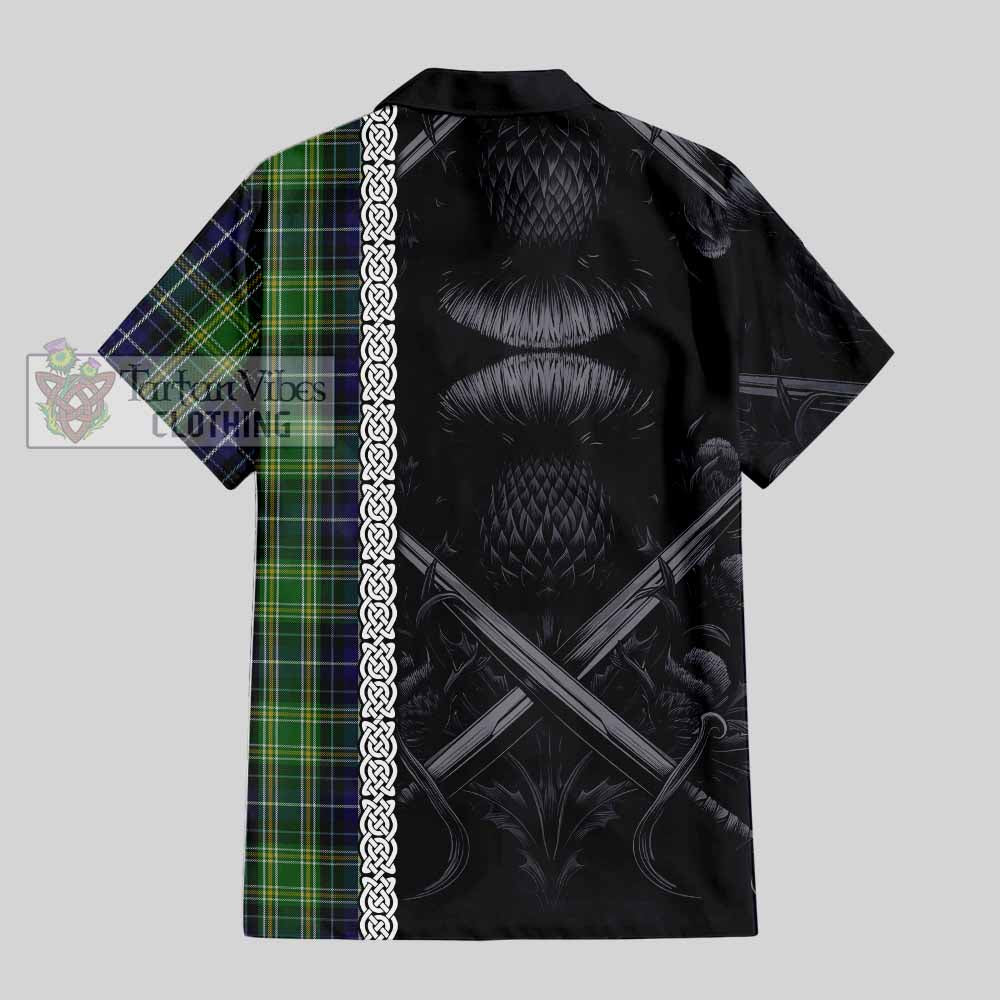 McKellar Tartan Hawaiian Shirt with Family Crest Cross Sword Thistle Celtic Vibes - Tartan Vibes Clothing
