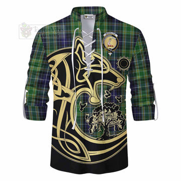 McKellar Tartan Ghillie Kilt Shirt with Family Crest Celtic Wolf Style - Tartan Vibes Clothing