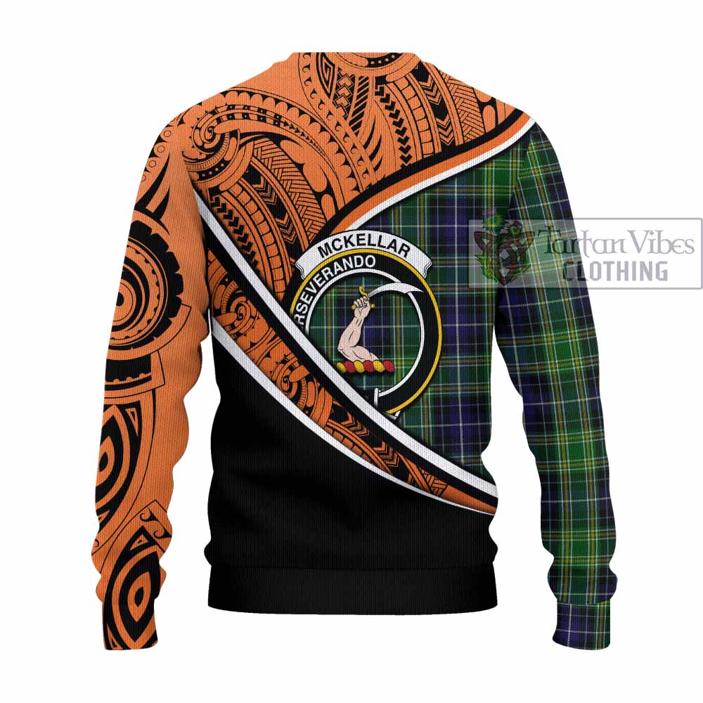 Tartan Vibes Clothing McKellar Crest Tartan Knitted Sweater with Maori Tattoo Style - Orange Version