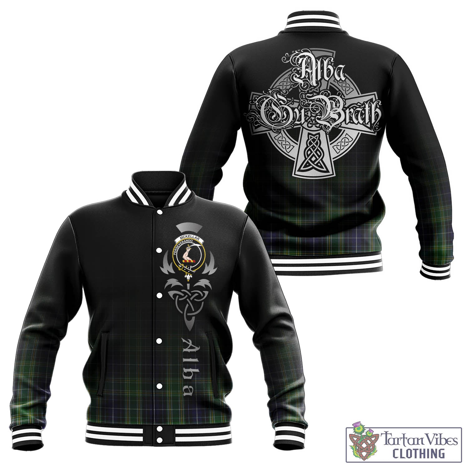 Tartan Vibes Clothing McKellar Tartan Baseball Jacket Featuring Alba Gu Brath Family Crest Celtic Inspired