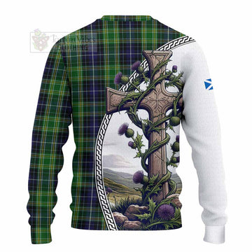 McKellar Tartan Knitted Sweater with Family Crest and St. Andrew's Cross Accented by Thistle Vines - Tartan Vibes Clothing