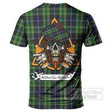 McKellar Tartan T-Shirt with Family Crest and Bearded Skull Holding Bottles of Whiskey - Tartan Vibes Clothing