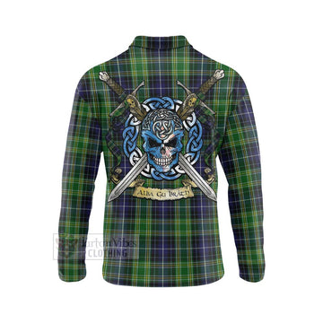 McKellar Tartan Long Sleeve Polo Shirt with Family Crest Celtic Skull Style - Tartan Vibes Clothing