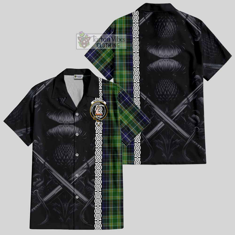 McKellar Tartan Hawaiian Shirt with Family Crest Cross Sword Thistle Celtic Vibes - Tartan Vibes Clothing