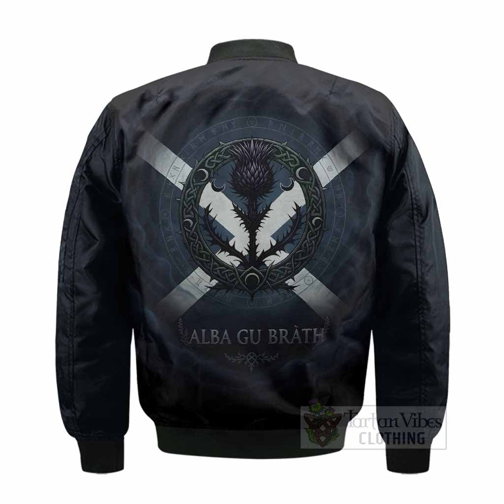 McKellar Clan Crest Bomber Jacket with Celtic Knot Thistle and Saltire - Tartan Vibes Clothing