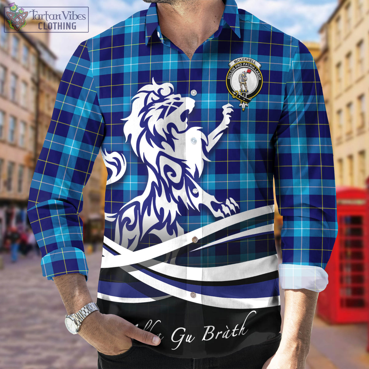 McKerrell Tartan Long Sleeve Button Up Shirt with Alba Gu Brath Regal Lion Emblem Men's Shirt - Tartan Vibes Clothing