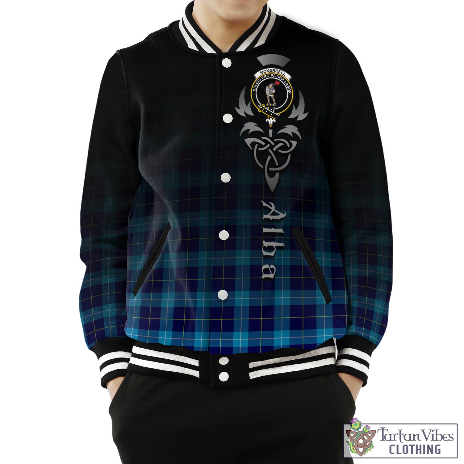 Tartan Vibes Clothing McKerrell Tartan Baseball Jacket Featuring Alba Gu Brath Family Crest Celtic Inspired