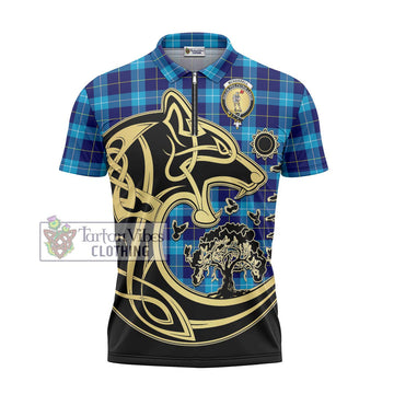 McKerrell Tartan Zipper Polo Shirt with Family Crest Celtic Wolf Style - Tartan Vibes Clothing