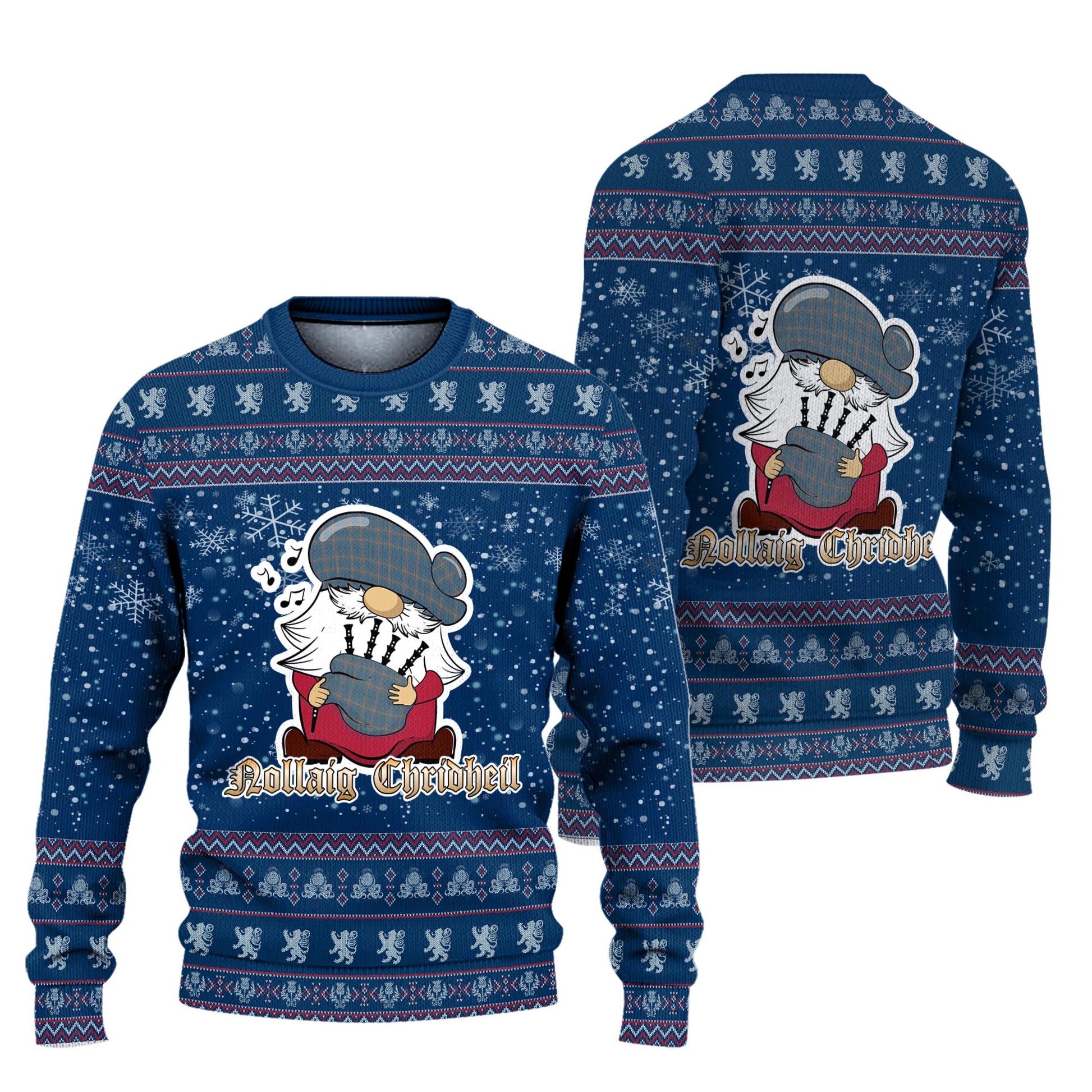 McKerrell of Hillhouse Dress Clan Christmas Family Knitted Sweater with Funny Gnome Playing Bagpipes Unisex Blue - Tartanvibesclothing