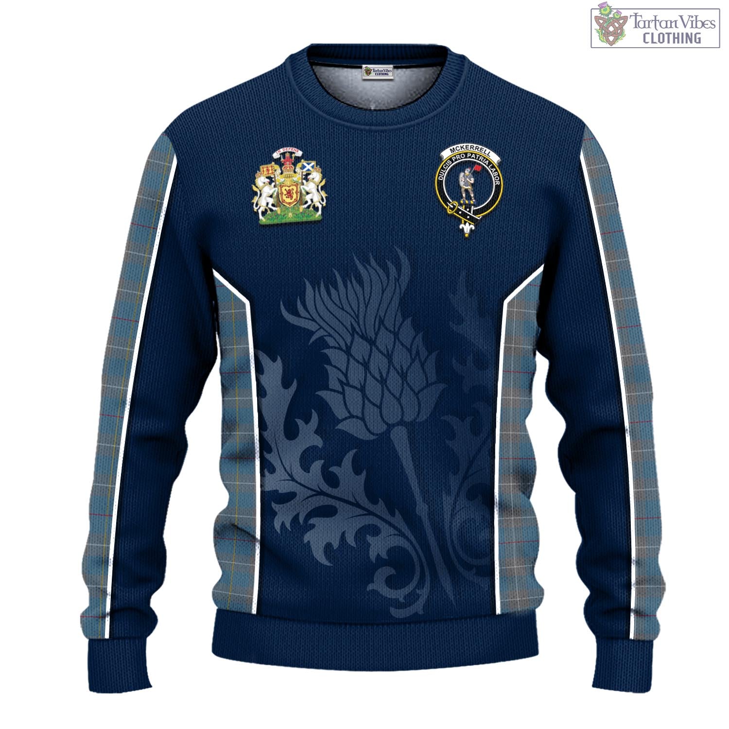 Tartan Vibes Clothing McKerrell of Hillhouse Dress Tartan Knitted Sweatshirt with Family Crest and Scottish Thistle Vibes Sport Style