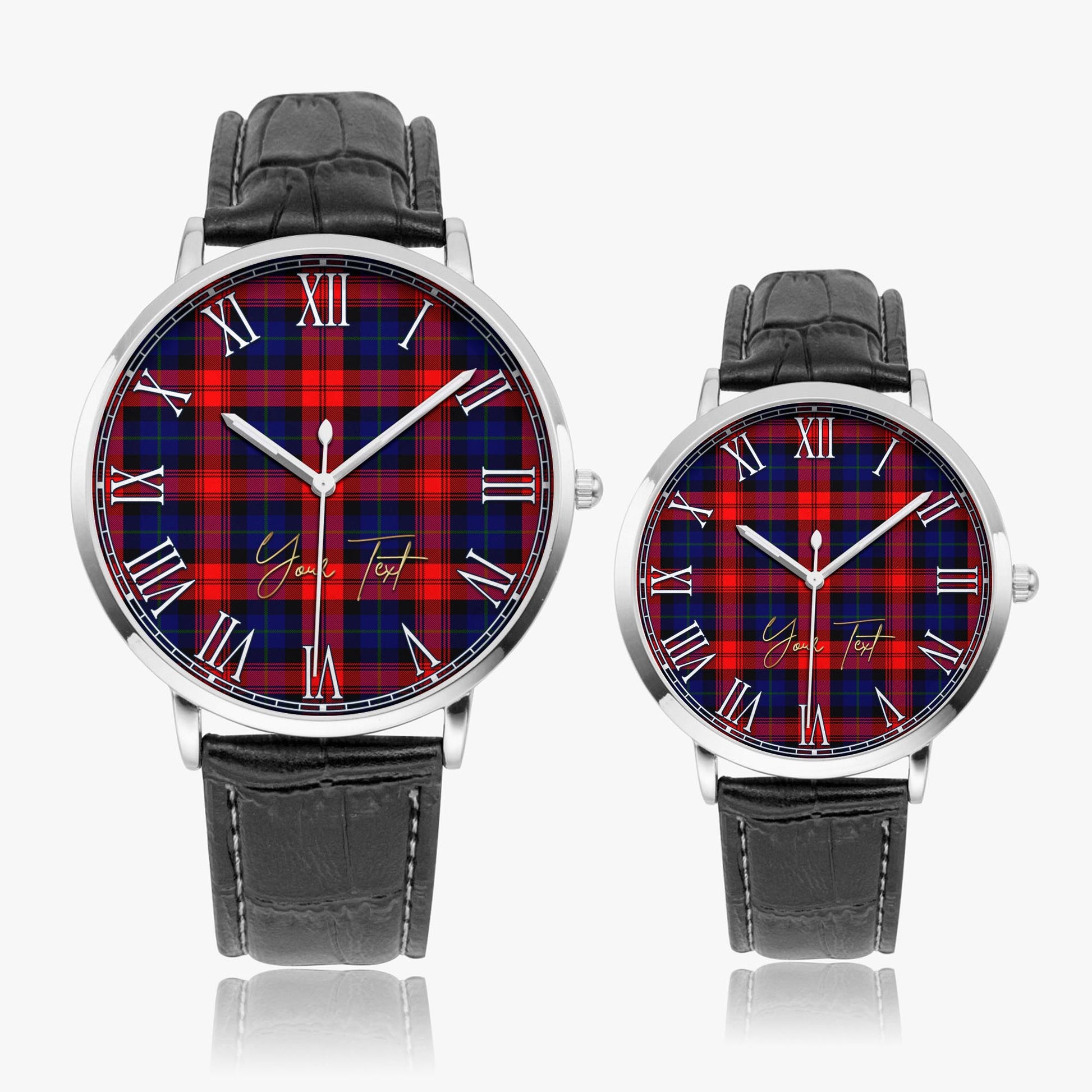 McLaughlin Tartan Personalized Your Text Leather Trap Quartz Watch Ultra Thin Silver Case With Black Leather Strap - Tartanvibesclothing