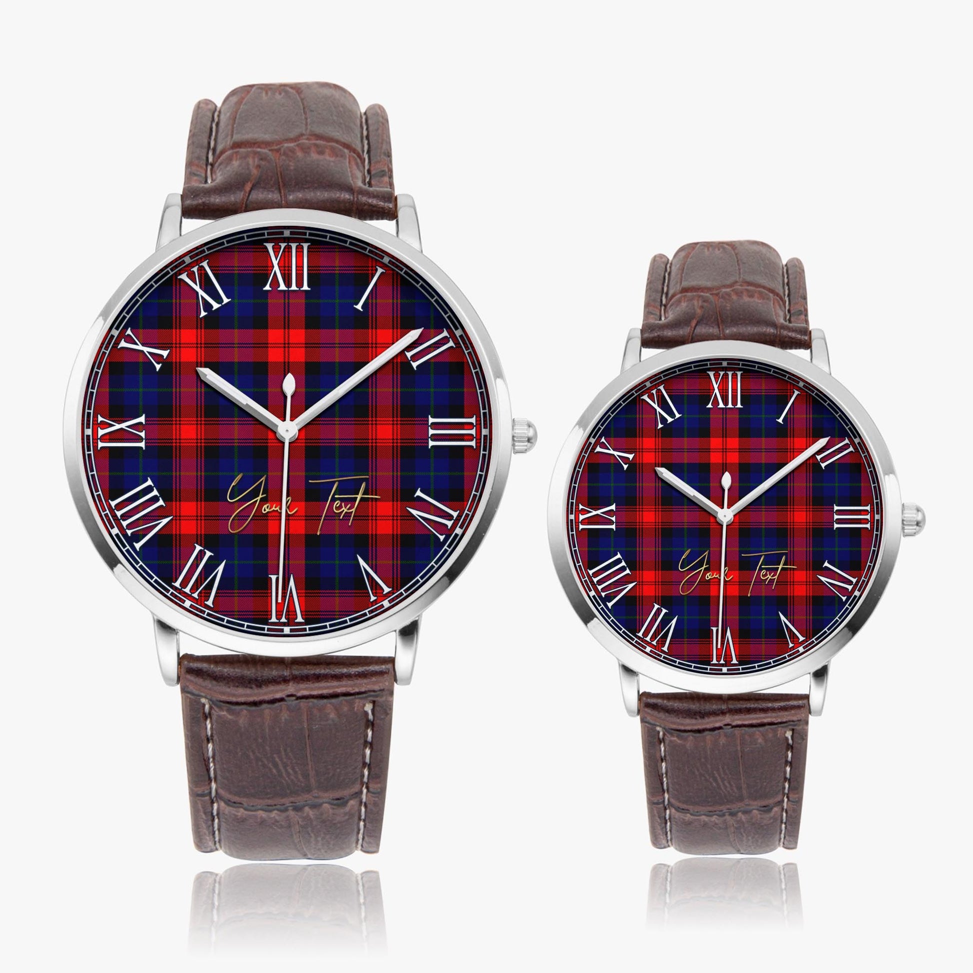 McLaughlin Tartan Personalized Your Text Leather Trap Quartz Watch Ultra Thin Silver Case With Brown Leather Strap - Tartanvibesclothing