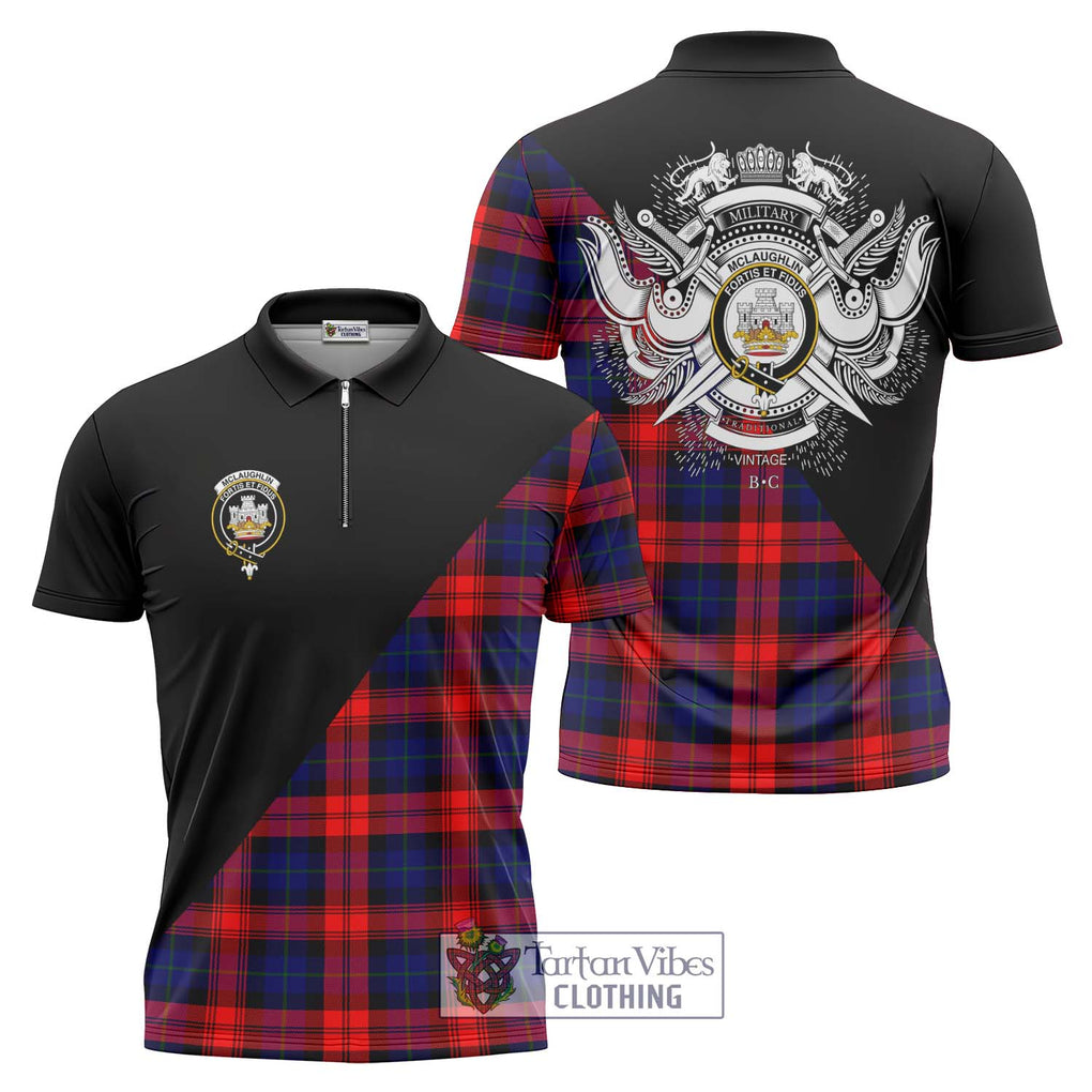 McLaughlin Tartan Zipper Polo Shirt with Family Crest and Military Logo Style Unisex - Tartanvibesclothing Shop